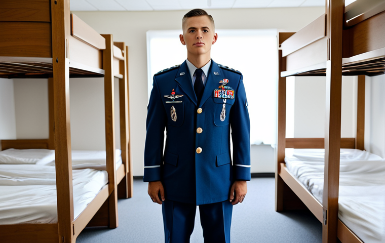 **

"A fully clothed Air Force member in appropriate attire, standing at attention during a morning inspection in a clean and orderly dormitory room. Modest uniform, perfect anatomy, correct proportions, well-formed hands, natural pose. Safe for work, appropriate content, professional, family-friendly, high quality."

**