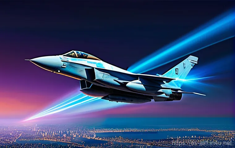 공군의 항공 전자전 시스템 - **Prompt:** A modern, sleek fighter jet, like an F-35 or a Eurofighter Typhoon, soaring through an a...