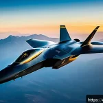 공군의 스텔스 기술 - A futuristic stealth fighter jet flying at high altitude during sunset, showcasing angular geometry ...