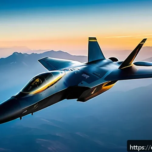 공군의 스텔스 기술 - A futuristic stealth fighter jet flying at high altitude during sunset, showcasing angular geometry ...