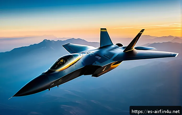 공군의 스텔스 기술 - A futuristic stealth fighter jet flying at high altitude during sunset, showcasing angular geometry ...