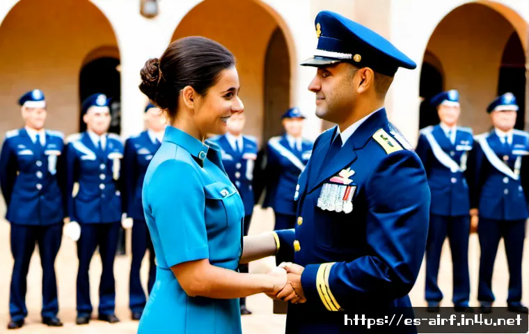 Home 17 공군의 공군병 진급 과정 - Photorealistic Spanish-speaking air force enlisted service member in a neat blue dress uniform recei...