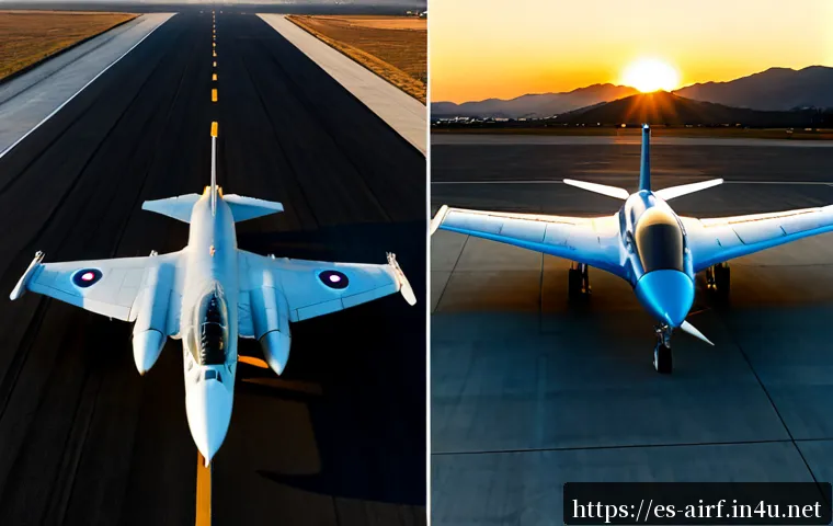 공군 전투기 성능 비교 - Photorealistic side-by-side comparison of two modern unmarked fighter jets parked on a clean Spanish...
